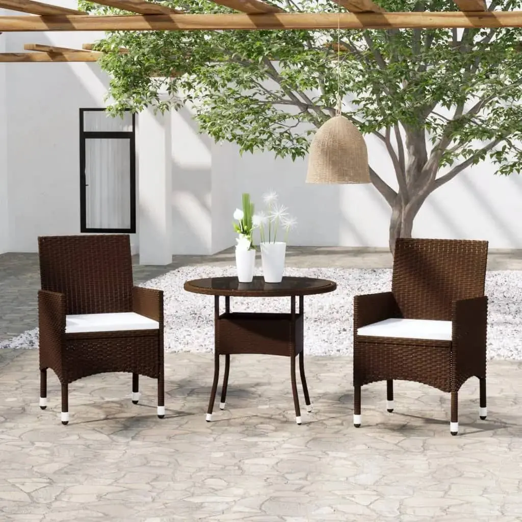 Set Bistrot Giardino 3 pz Polyrattan e Vetro Temperato Marrone