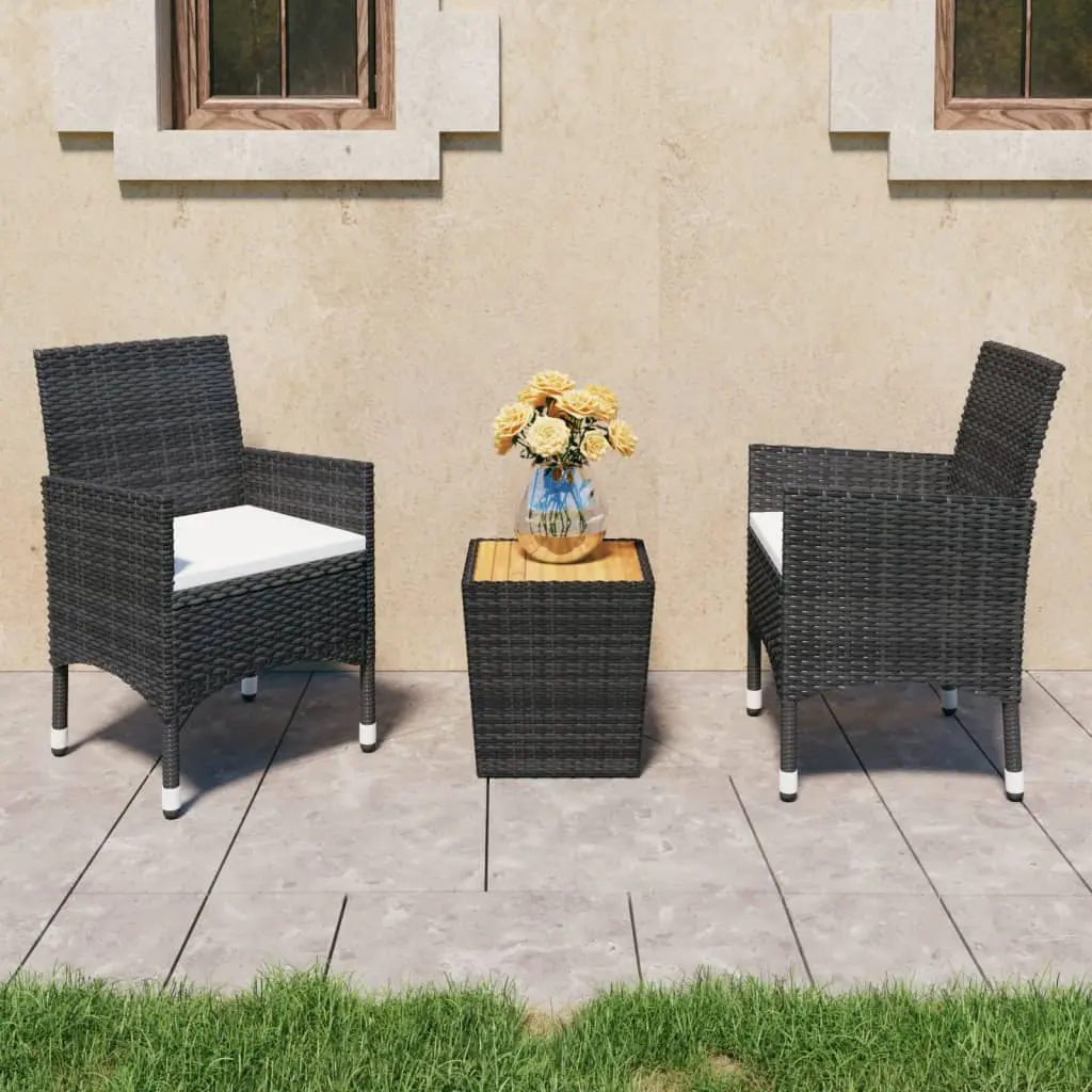 Set Bistrot da Giardino 3 pz Polyrattan e Legno Massello Nero