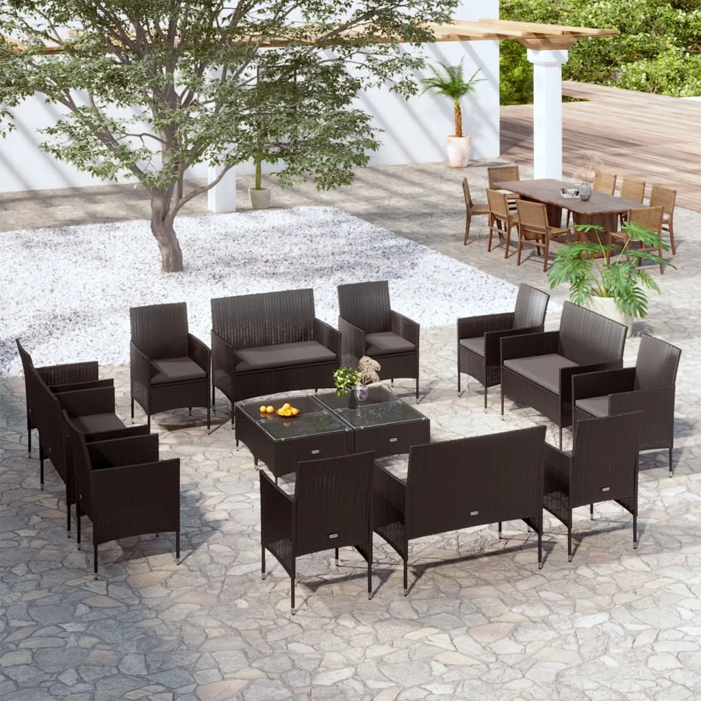 vidaXL Set Divani da Giardino 16 pz con Cuscini in Polyrattan Nero