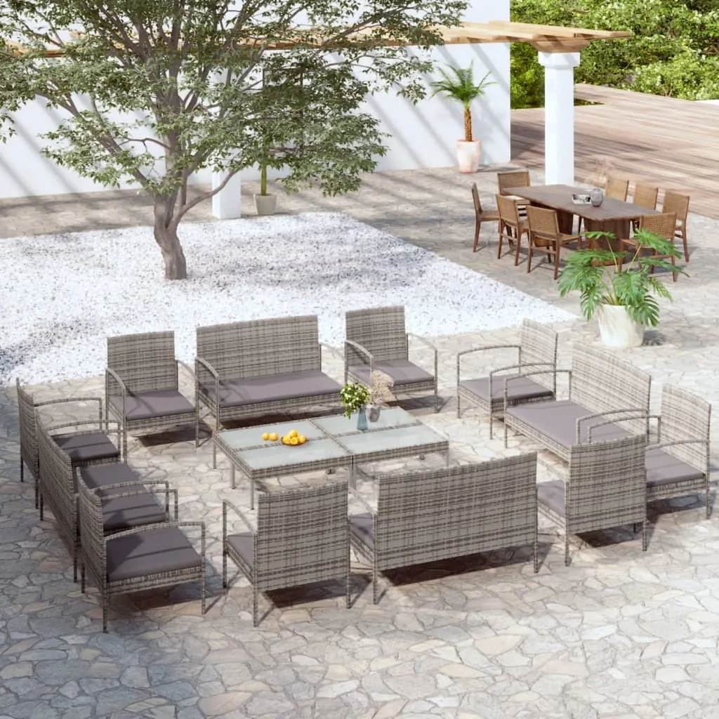 vidaXL Set Divani da Giardino 16 pz con Cuscini in Polyrattan Grigio