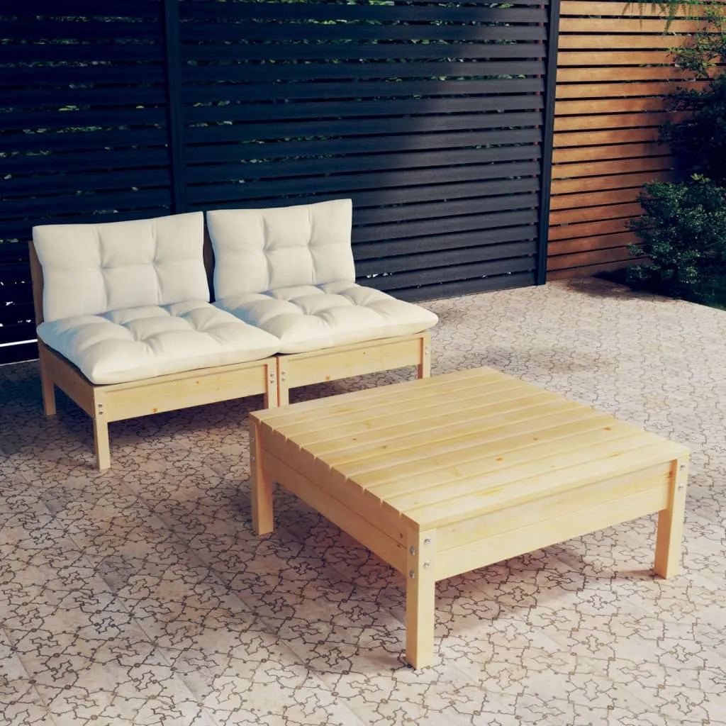 vidaXL Set Divani da Giardino 3 pz con Cuscini Crema Massello di Pino