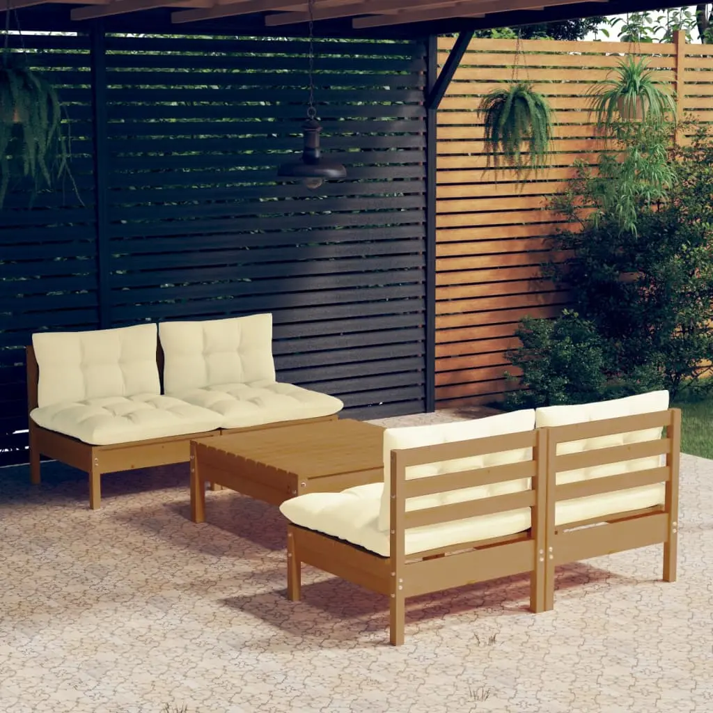 Set Divani da Giardino 5 pz con Cuscini Crema in Legno di Pino