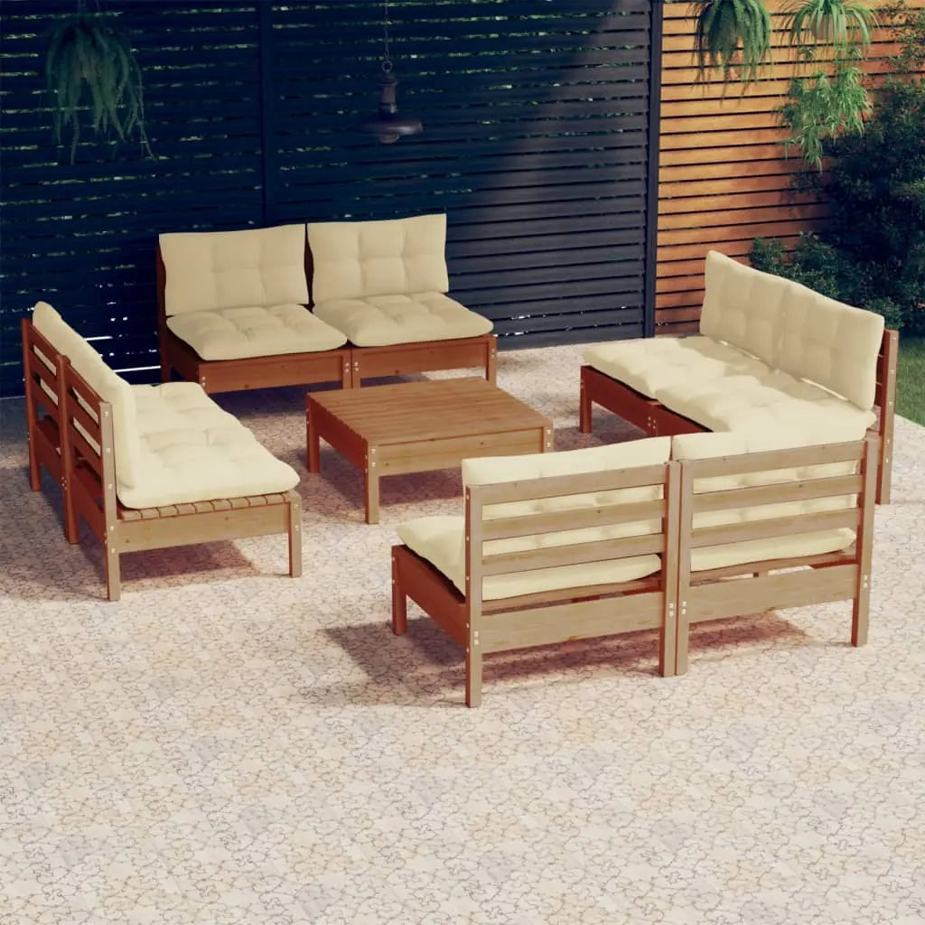 Set Divani da Giardino 9 pz con Cuscini Crema in Legno di Pino