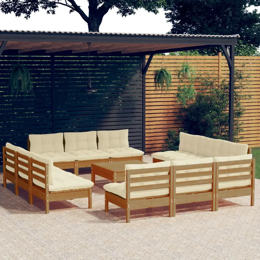 Set Divani da Giardino 13 pz con Cuscini Crema in Legno di Pino