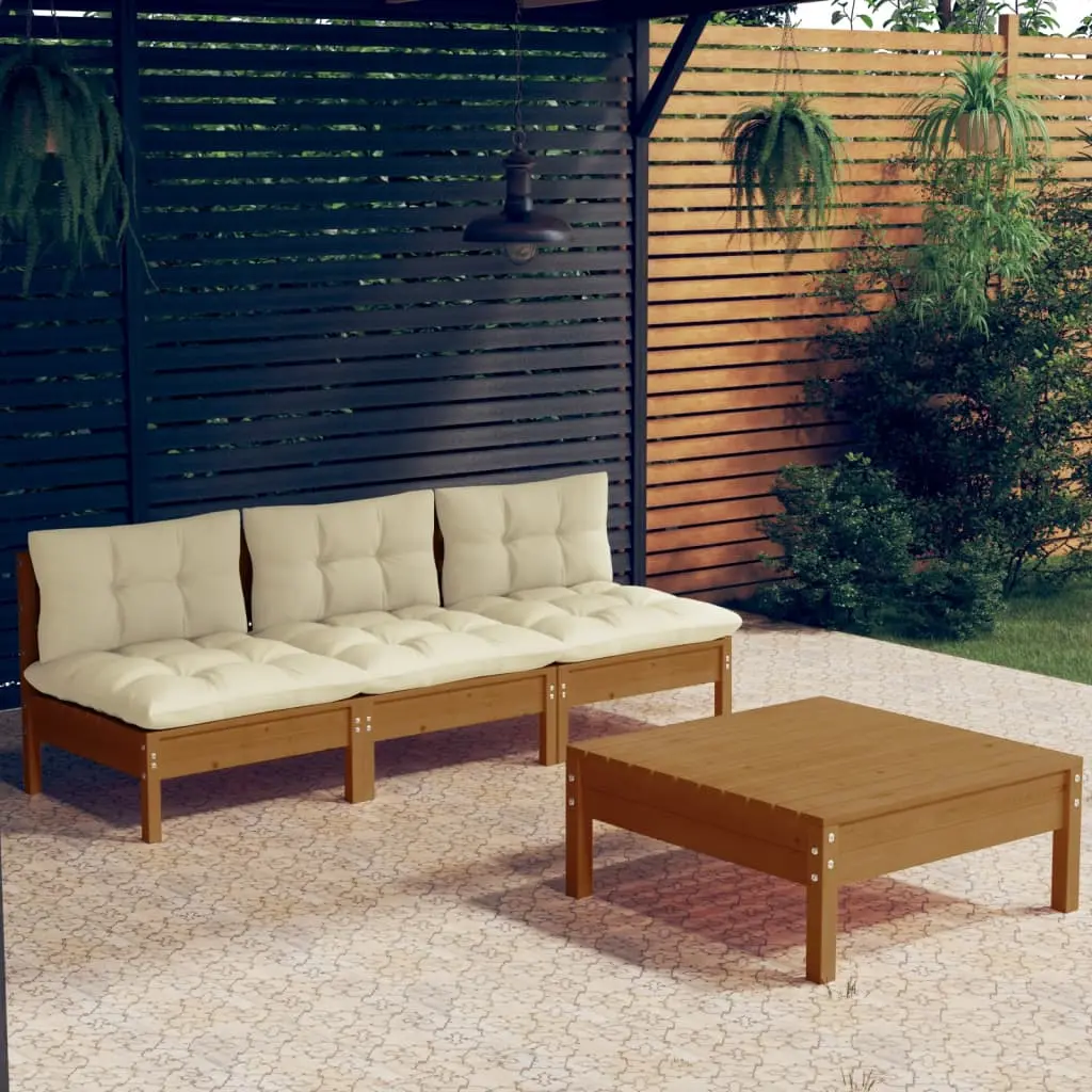 Set Divani da Giardino 4 pz con Cuscini Crema in Legno di Pino