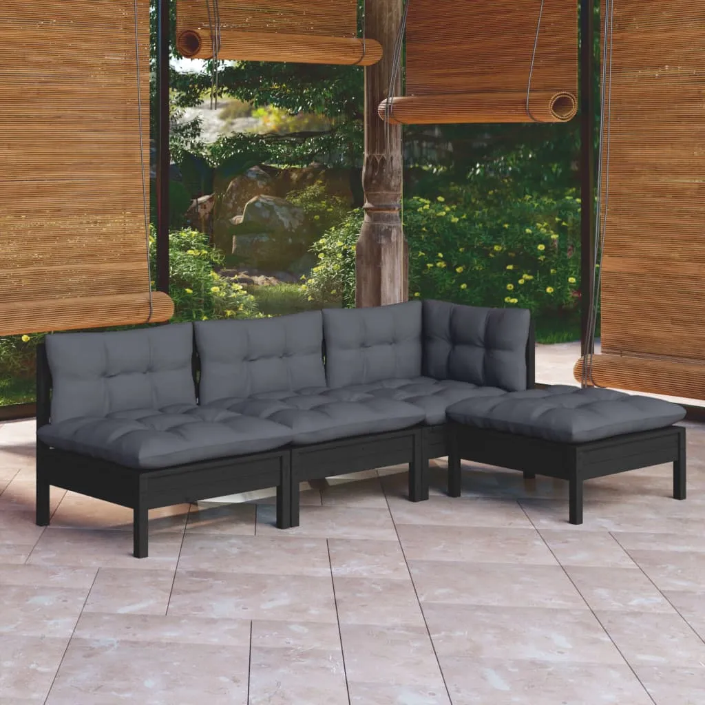 vidaXL Set Divani da Giardino 4 pz con Cuscini Neri in Legno di Pino