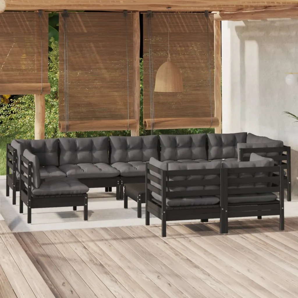 vidaXL Set Divani da Giardino 10 pz con Cuscini Neri Legno di Pino