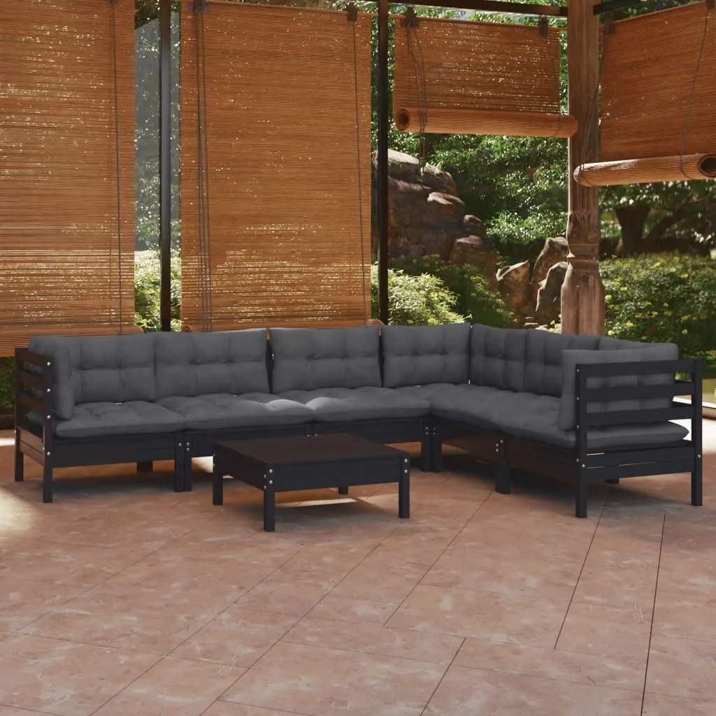 vidaXL Set Divani da Giardino 7 pz con Cuscini Neri in Legno di Pino