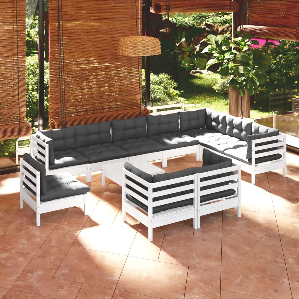 vidaXL Set Divani da Giardino 11 pz con Cuscini Bianchi Legno di Pino