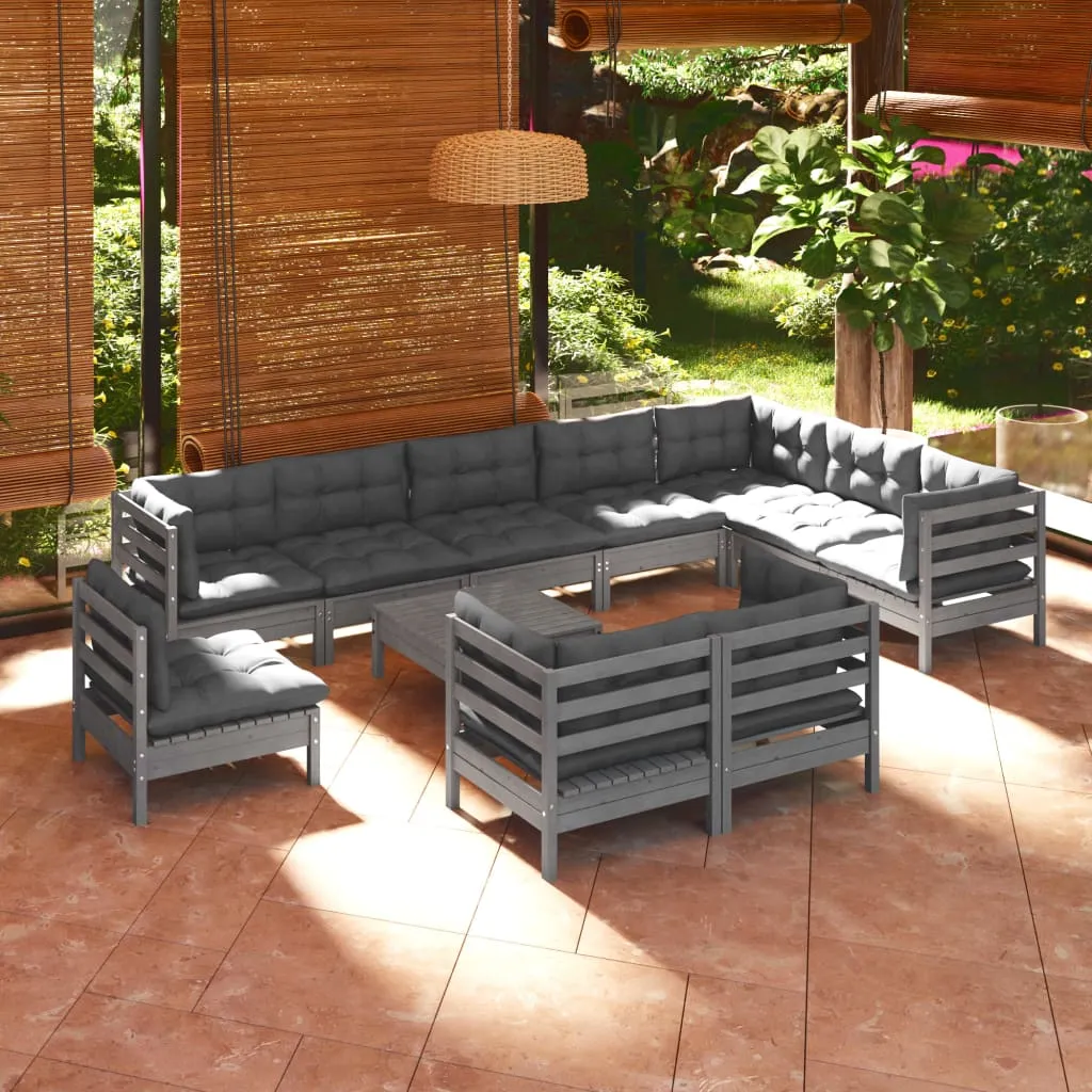 vidaXL Set Divani da Giardino 11 pz con Cuscini Grigi in Legno di Pino