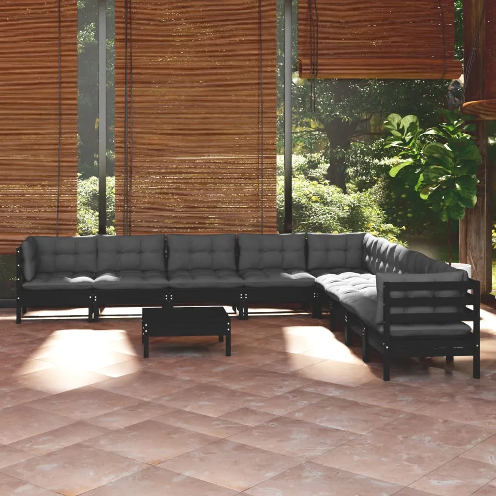 vidaXL Set Divani da Giardino 10 pz con Cuscini Neri Legno di Pino