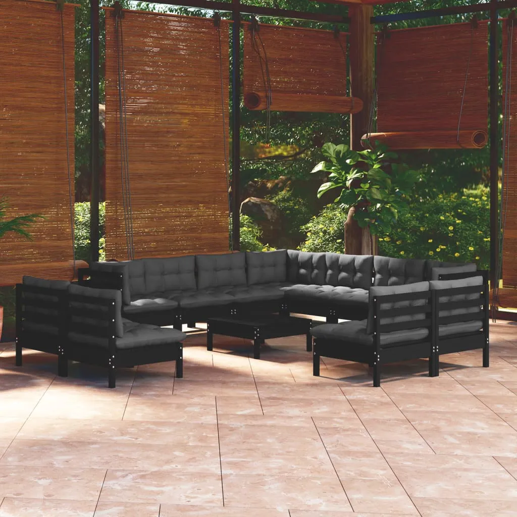 vidaXL Set Divani da Giardino 12 pz con Cuscini Neri in Legno di Pino