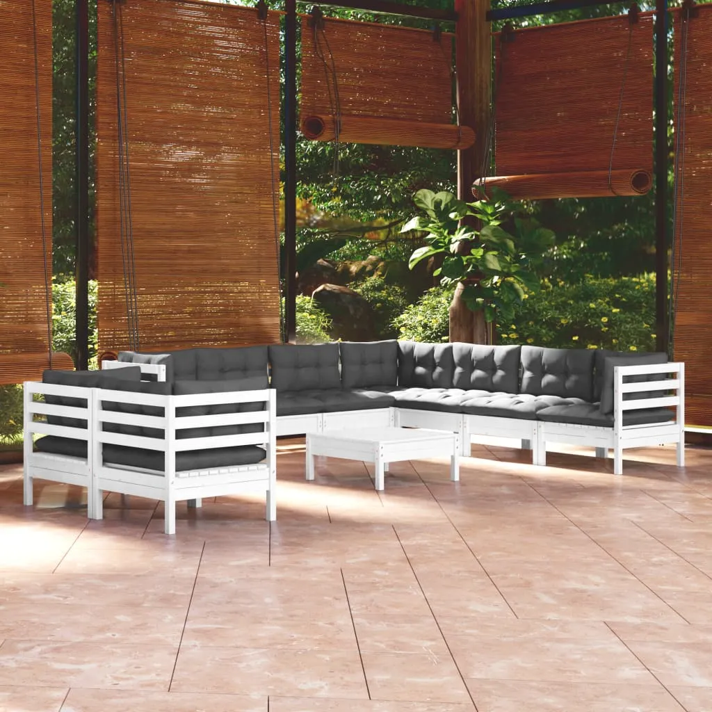 vidaXL Set Divani da Giardino 10 pz con Cuscini Bianchi Legno di Pino