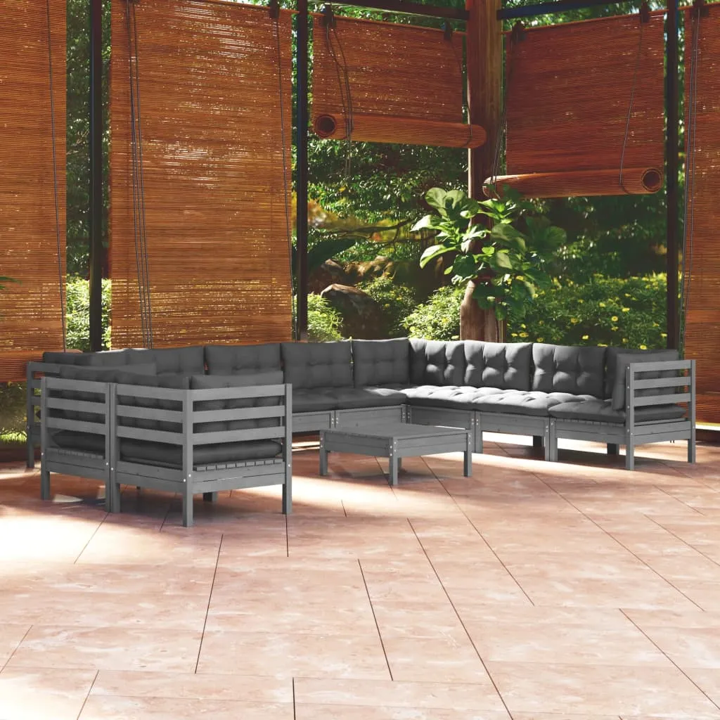 vidaXL Set Divani da Giardino 11 pz con Cuscini Grigi in Legno di Pino