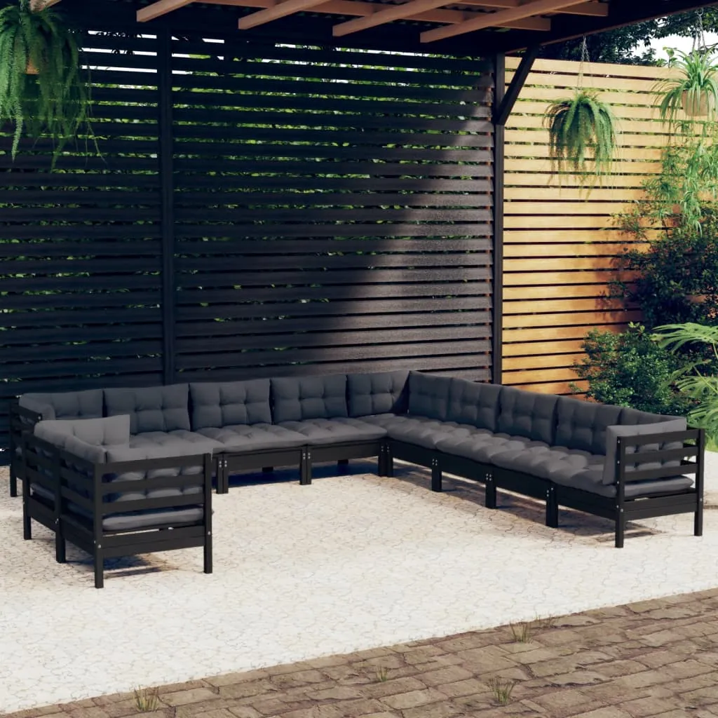 vidaXL Set Divani da Giardino 11 pz con Cuscini Neri Massello di Pino