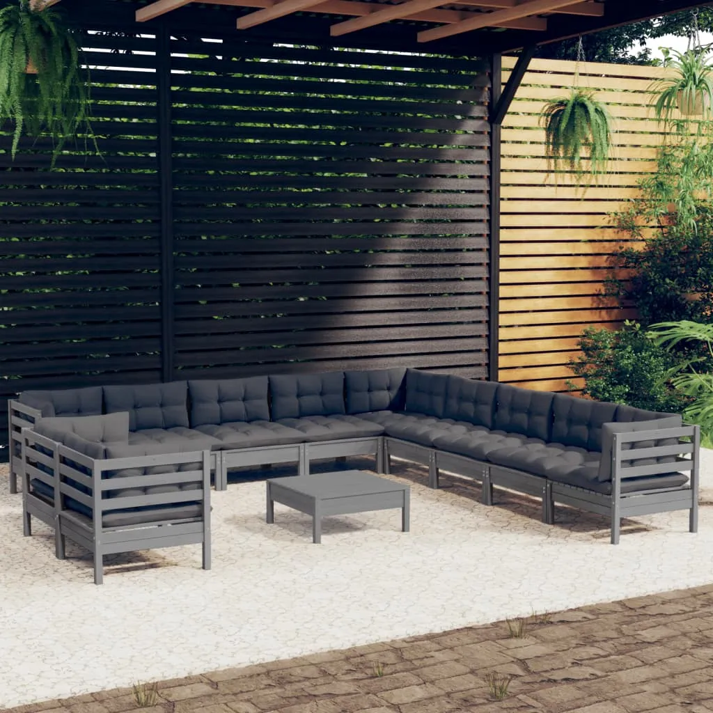 vidaXL Set Divani da Giardino 12 pz con Cuscini Grigi Massello di Pino