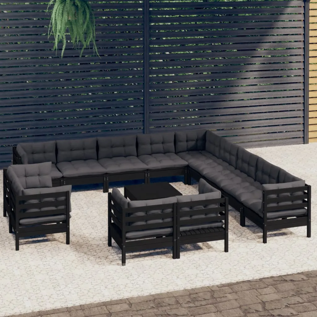 vidaXL Set Divani da Giardino 14 pz con Cuscini Neri Legno di Pino