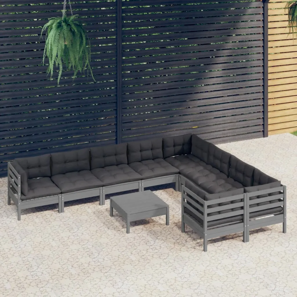 vidaXL Set Divani da Giardino 10 pz con Cuscini Grigi Massello di Pino