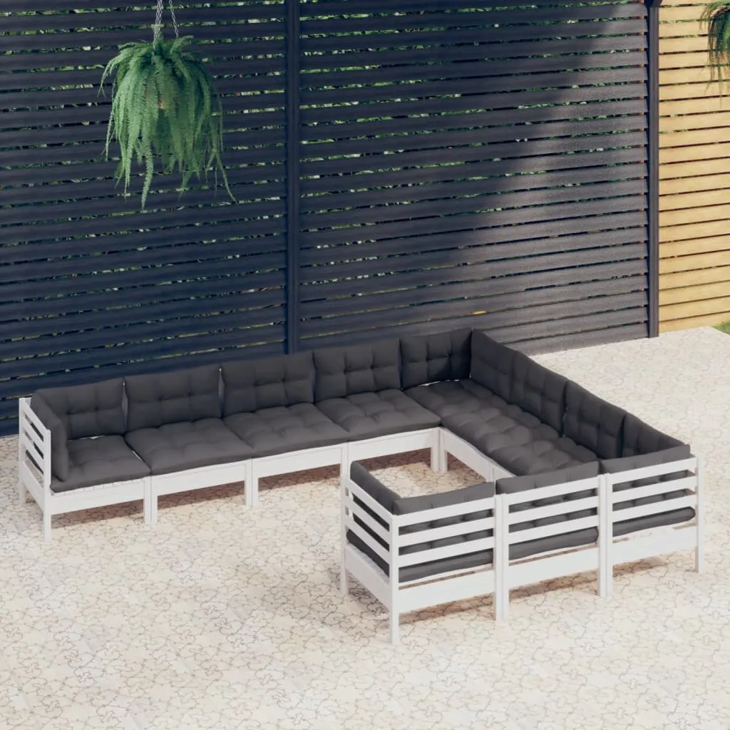 vidaXL Set Divani da Giardino 10 pz con Cuscini Bianchi Legno di Pino