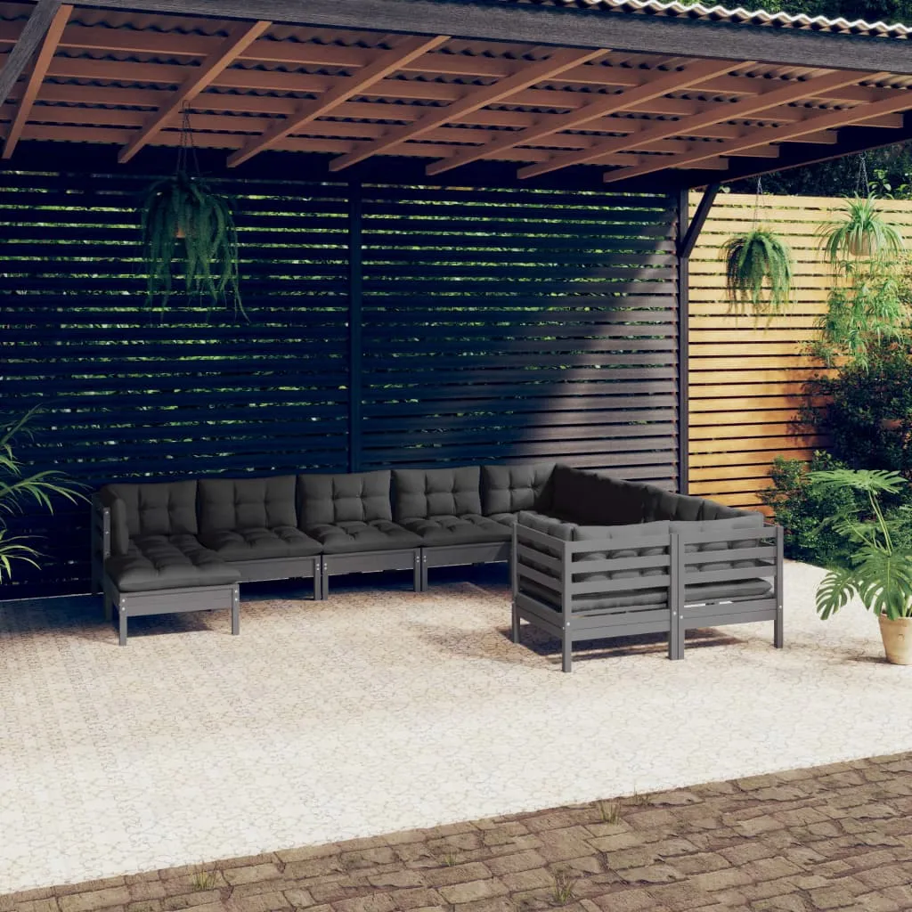 vidaXL Set Divani da Giardino 10pz con Cuscini Massello di Pino Grigio