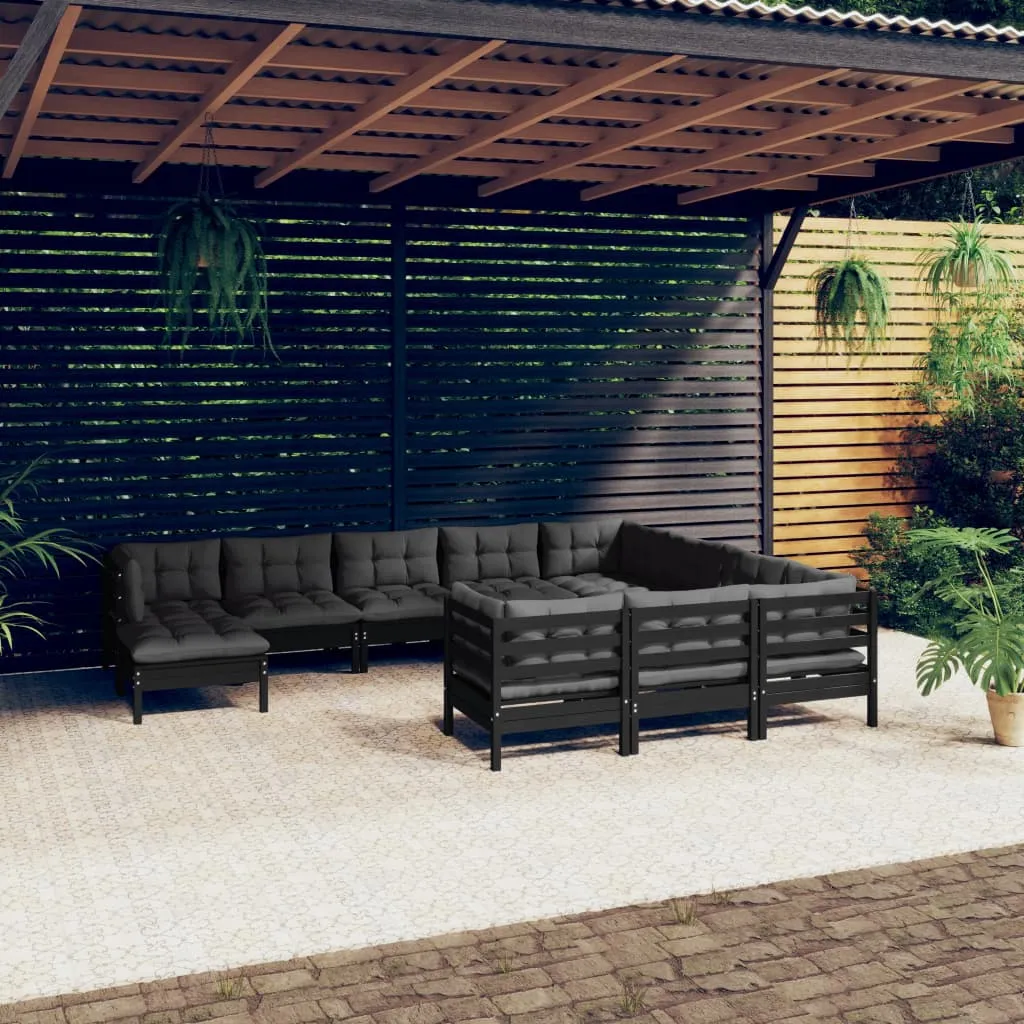 vidaXL Set Divani da Giardino 11 pz con Cuscini Massello di Pino Nero