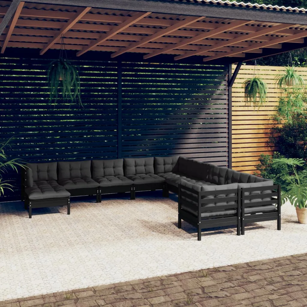 vidaXL Set Divani da Giardino 11 pz con Cuscini Massello di Pino Nero