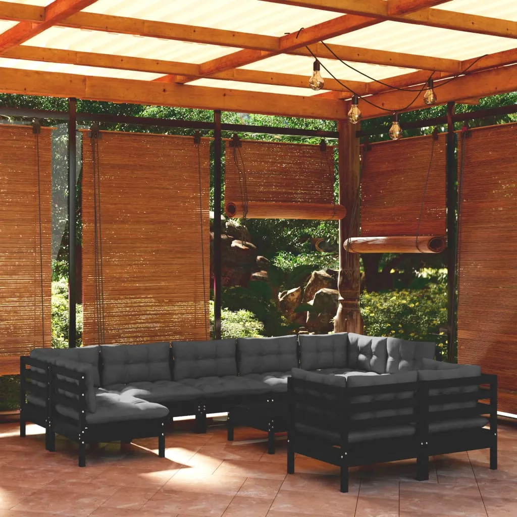 vidaXL Set Divani da Giardino 10 pz con Cuscini Neri Legno di Pino