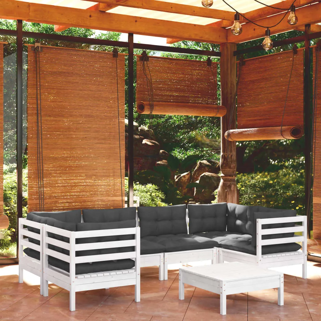 vidaXL Set Divani da Giardino 7 pz con Cuscini Bianchi Legno di Pino