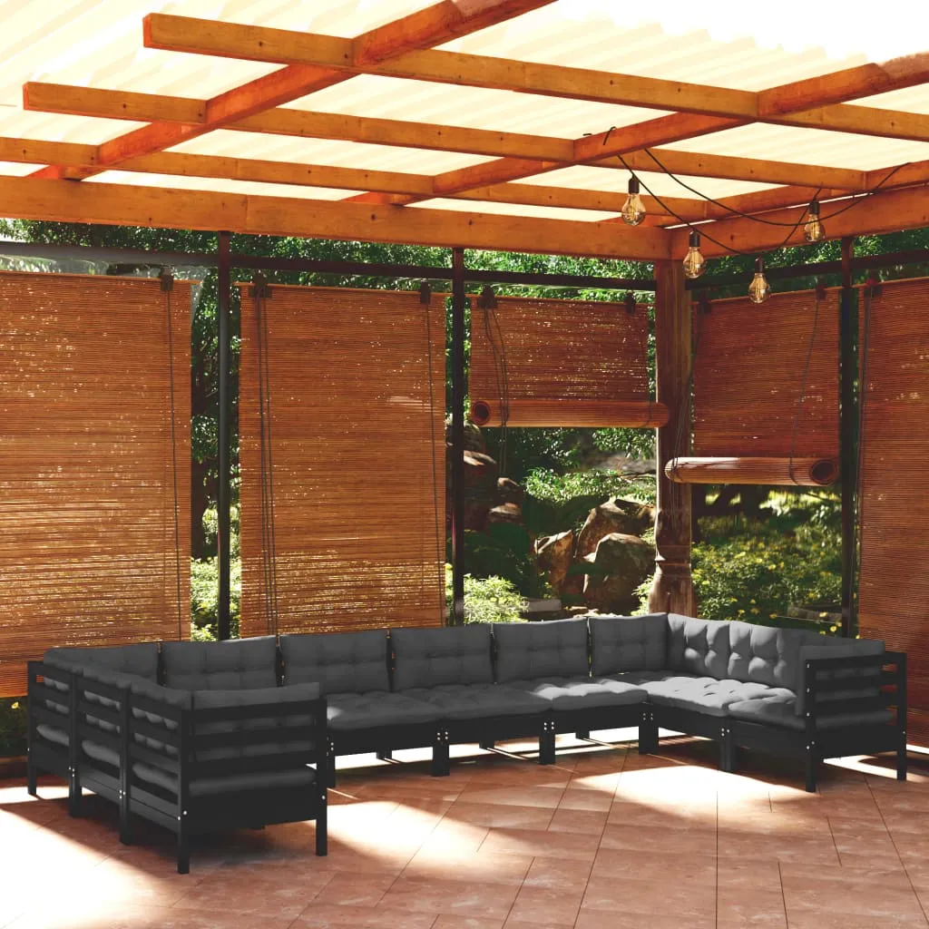 vidaXL Set Divani da Giardino 10 pz con Cuscini Neri in Legno di Pino