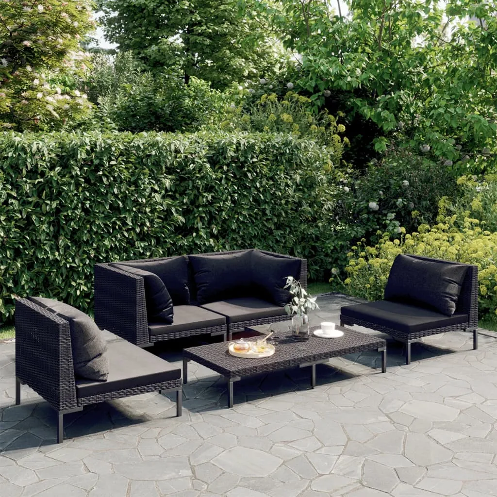 vidaXL Set Divani Giardino 5 pz con Cuscini in Polyrattan Grigio Scuro