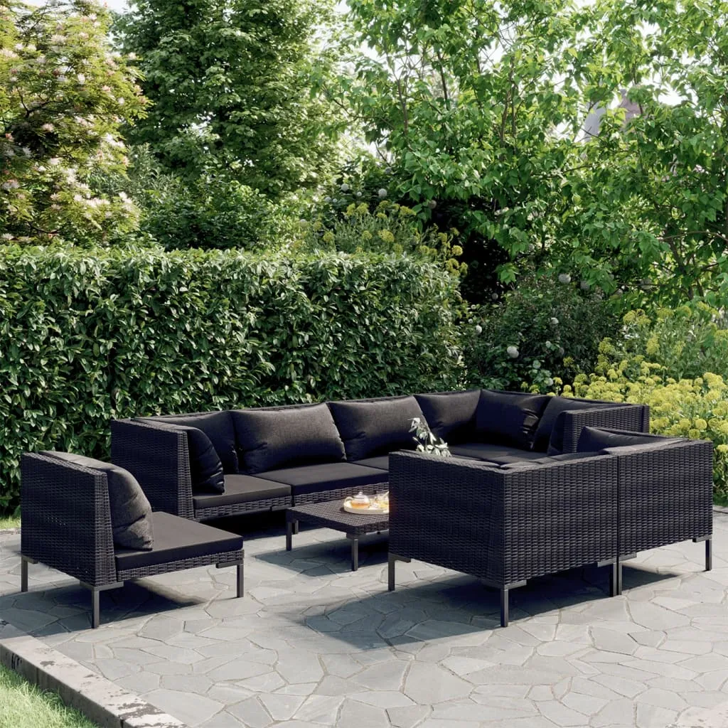 vidaXL Set Divani Giardino 9 pz con Cuscini in Polyrattan Grigio Scuro