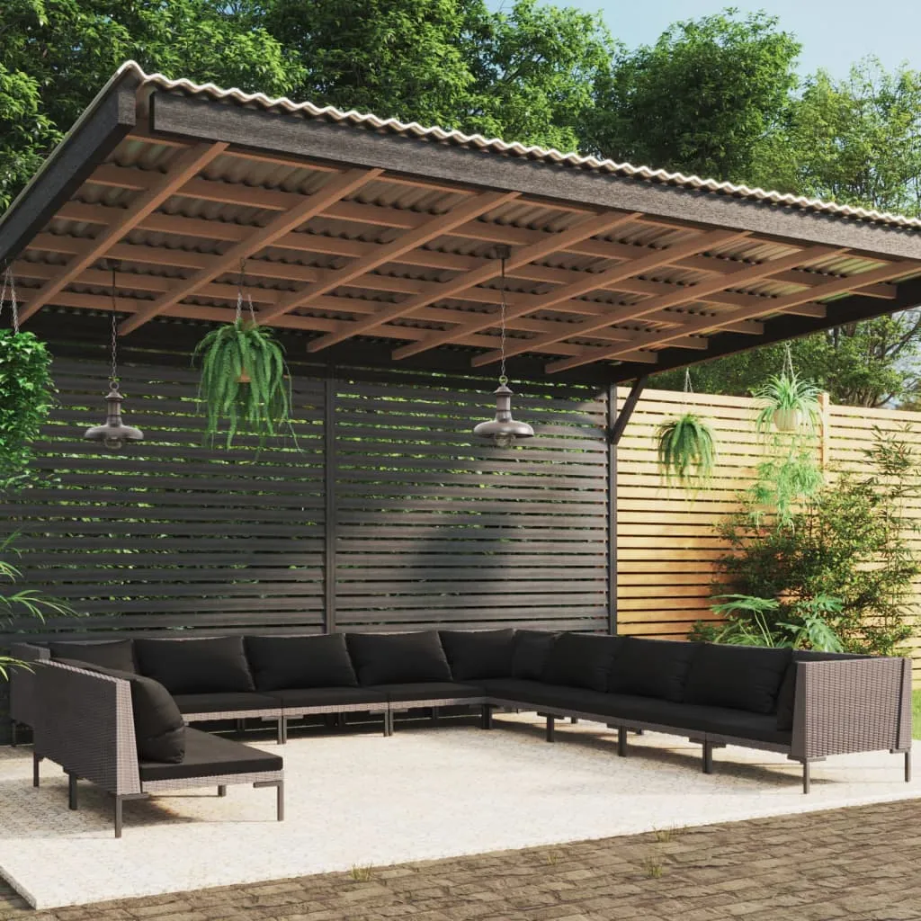 vidaXL Set Divani Giardino 11pz con Cuscini in Polyrattan Grigio Scuro