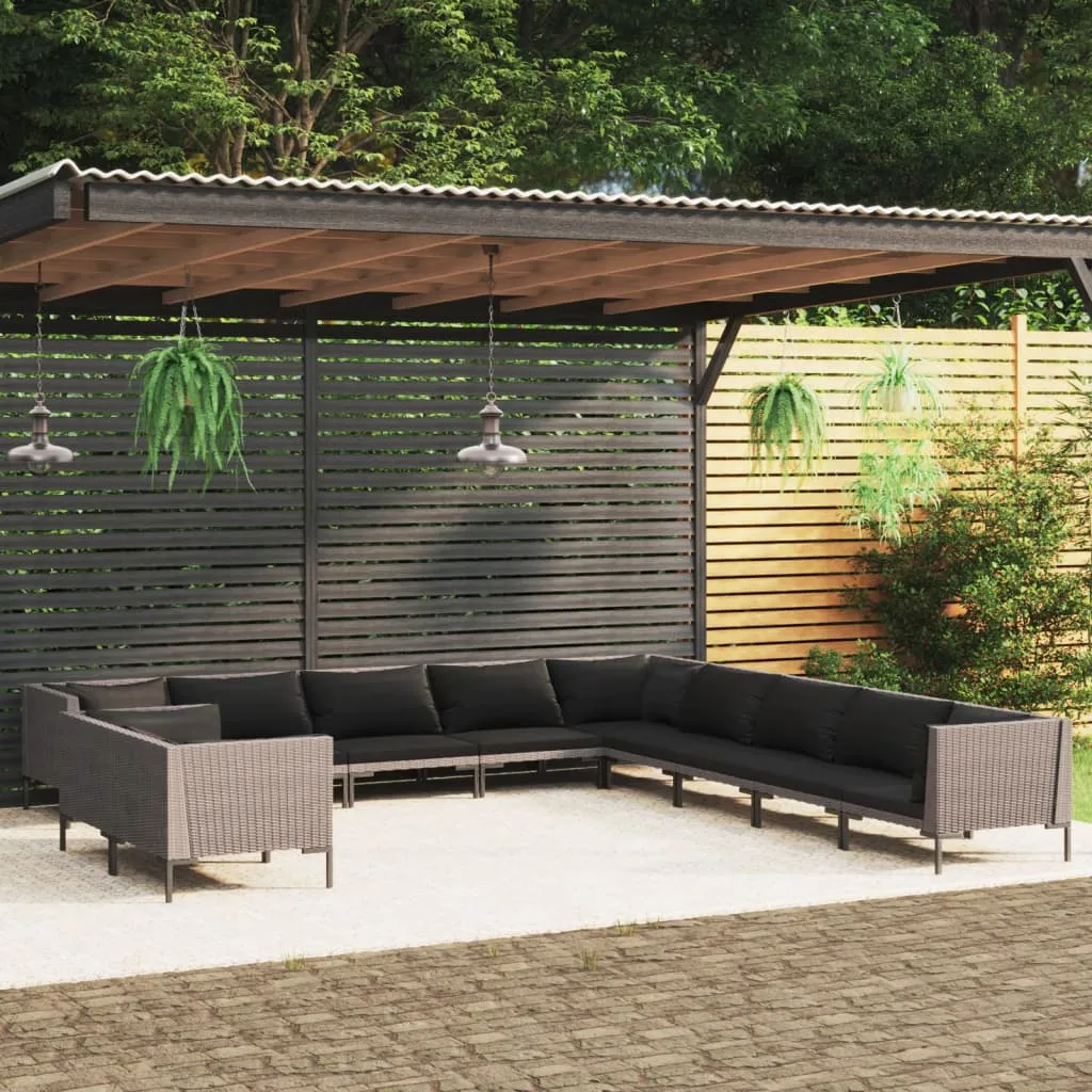 vidaXL Set Divani Giardino 11pz con Cuscini in Polyrattan Grigio Scuro