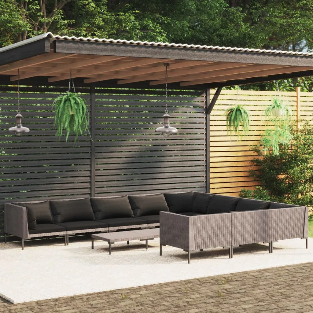 vidaXL Set Divani Giardino 11pz con Cuscini in Polyrattan Grigio Scuro