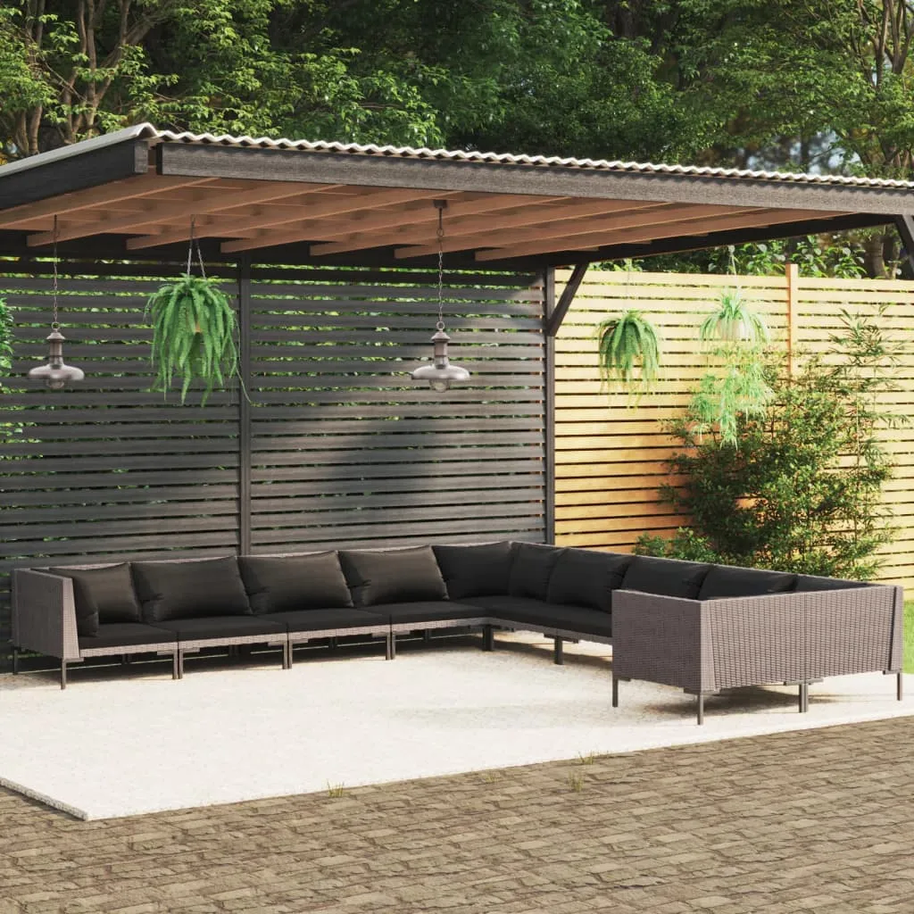 vidaXL Set Divani da Giardino 10pz con Cuscini Polyrattan Grigio Scuro