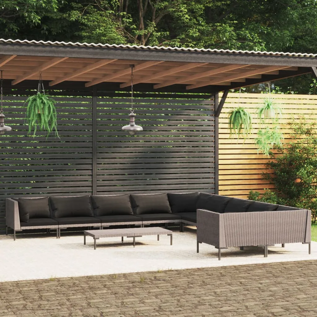 vidaXL Set Divani Giardino 11pz con Cuscini in Polyrattan Grigio Scuro