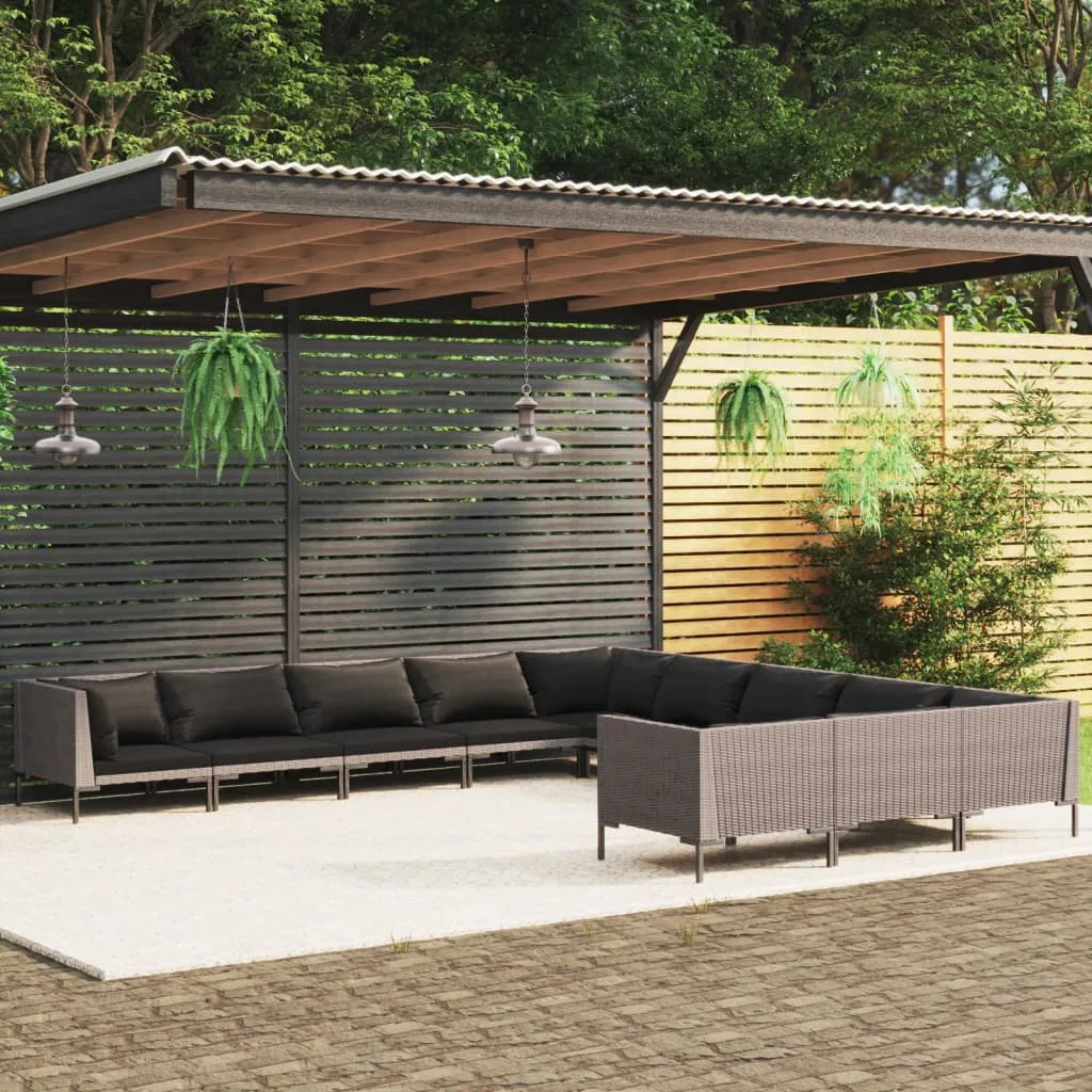 vidaXL Set Divani da Giardino 11pz con Cuscini Polyrattan Grigio Scuro