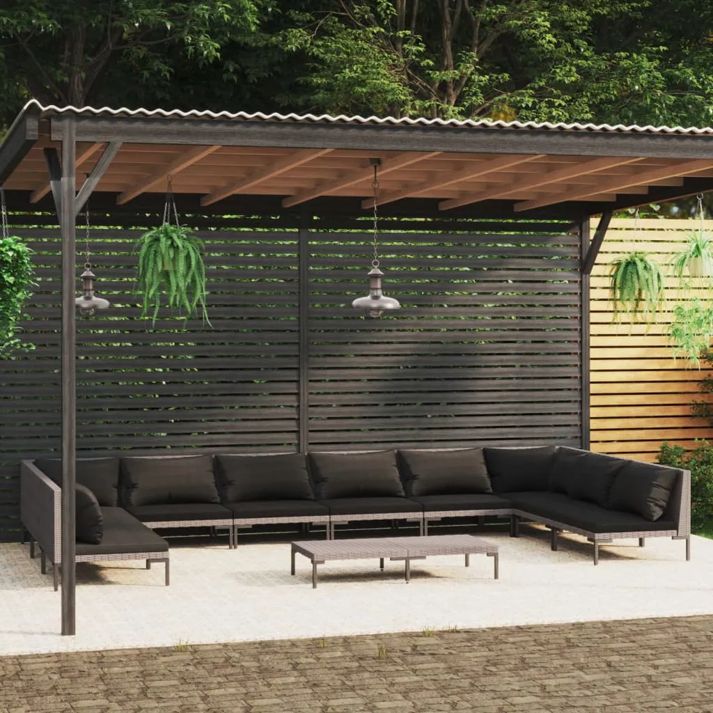 vidaXL Set Divani da Giardino 11pz con Cuscini Polyrattan Grigio Scuro