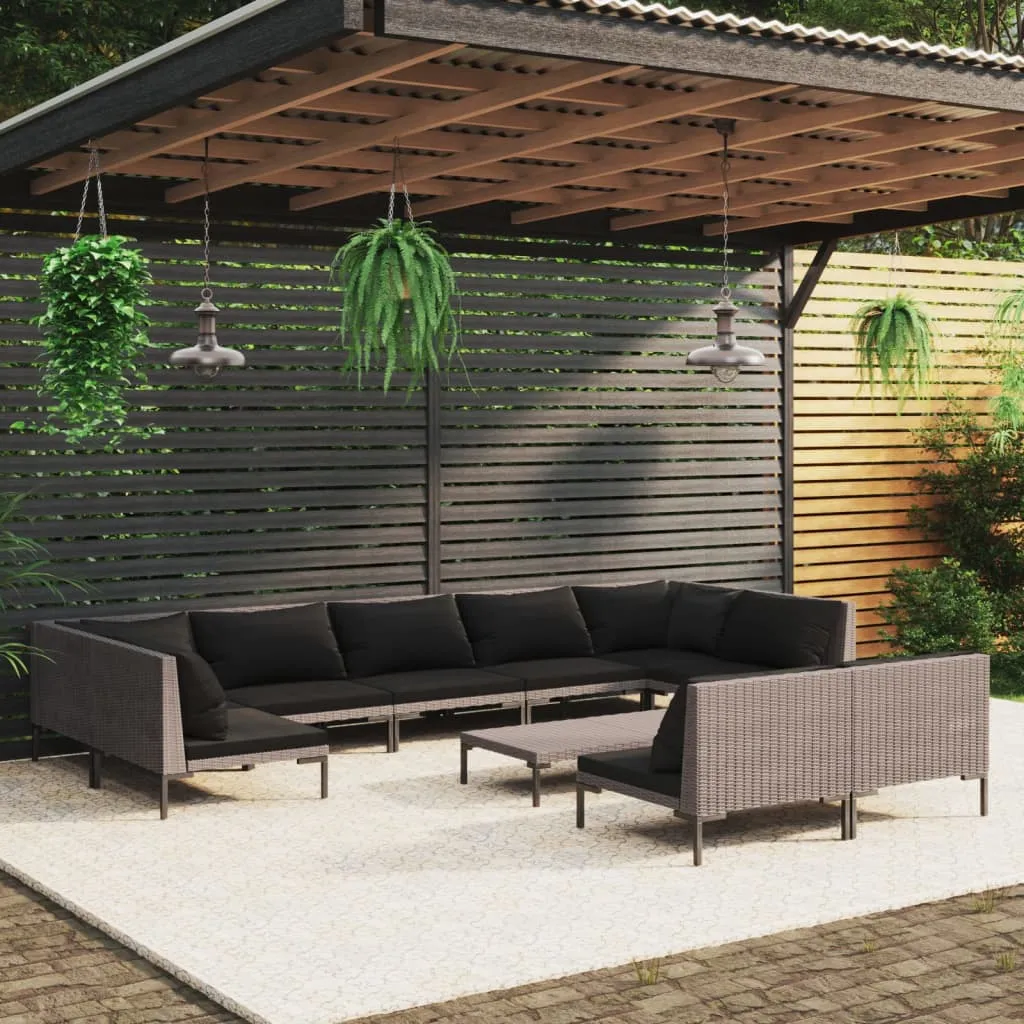 vidaXL Set Divani da Giardino 10pz con Cuscini Polyrattan Grigio Scuro