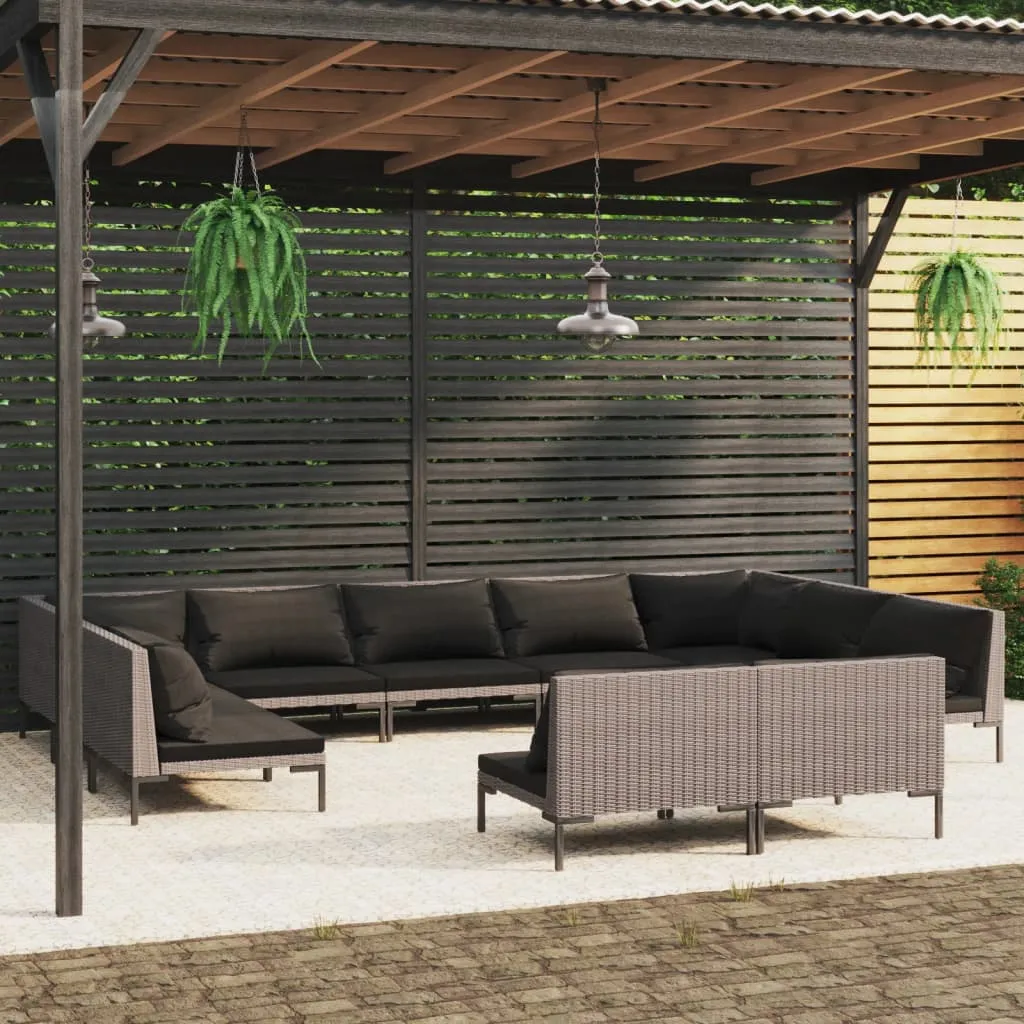 vidaXL Set Divani Giardino 11pz con Cuscini in Polyrattan Grigio Scuro