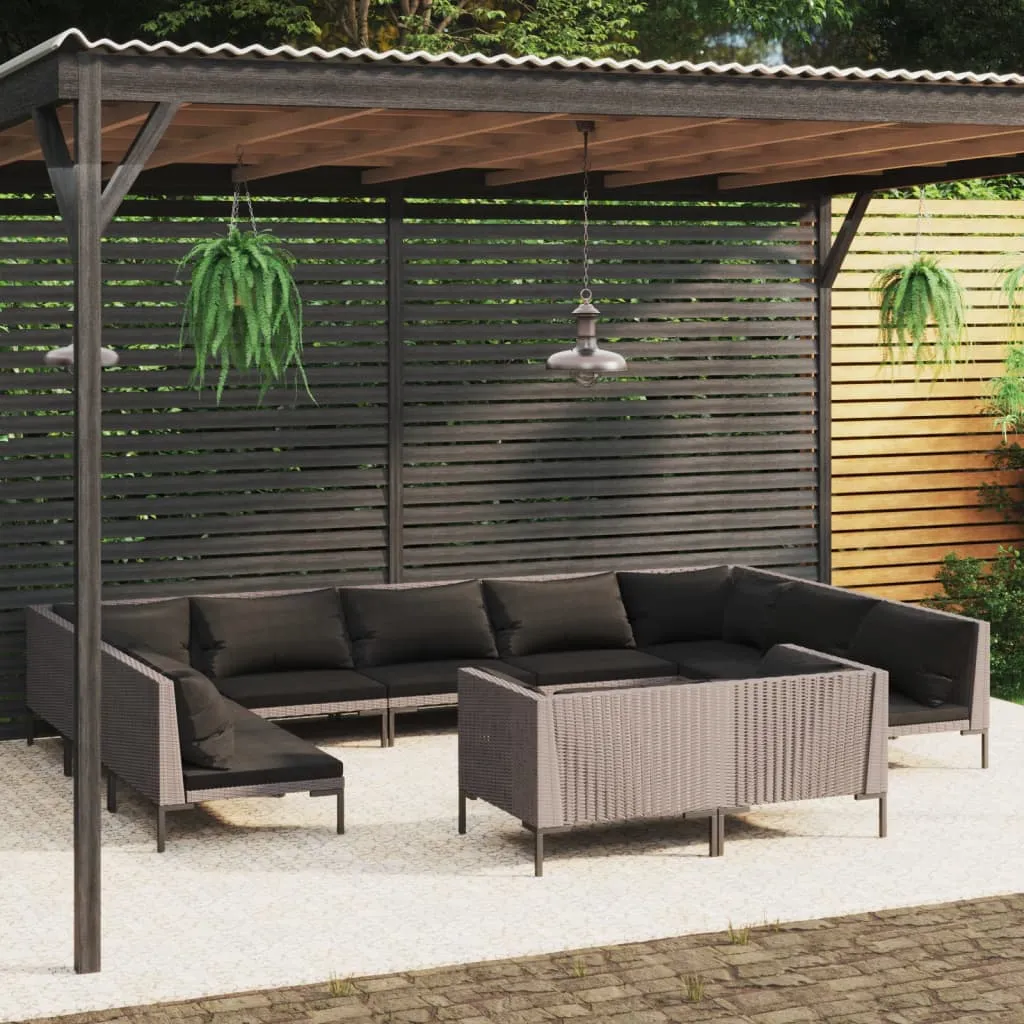 vidaXL Set Divani da Giardino 11pz con Cuscini Polyrattan Grigio Scuro