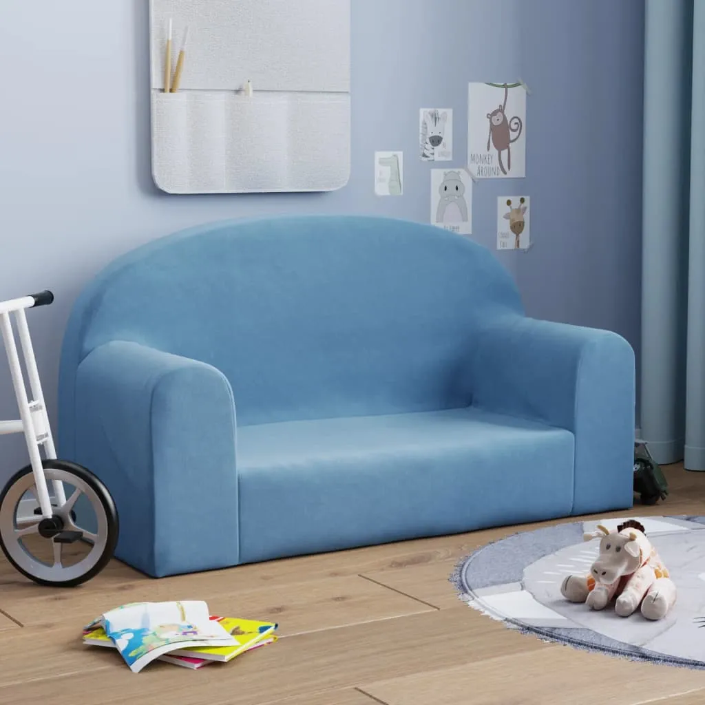 vidaXL Divano per Bambini a 2 Posti Blu in Morbido Peluche