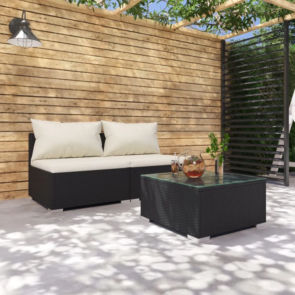 vidaXL Set Divani da Giardino con Cuscini 3 pz in Polyrattan Nero