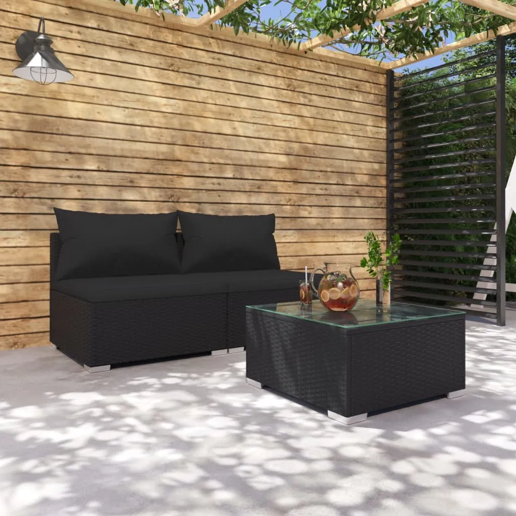 vidaXL Set Divani da Giardino 3 pz con Cuscini in Polyrattan Nero