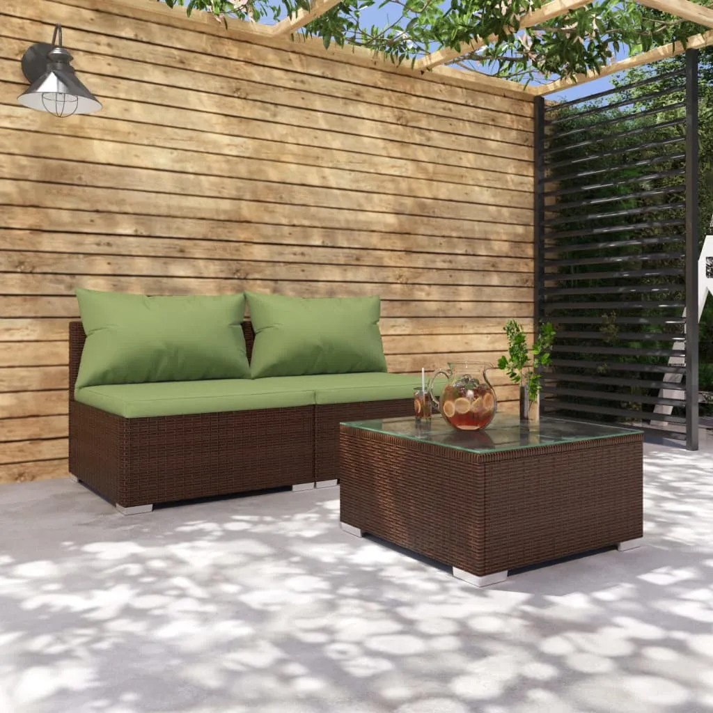 vidaXL Set Divani da Giardino 3 pz con Cuscini in Polyrattan Marrone