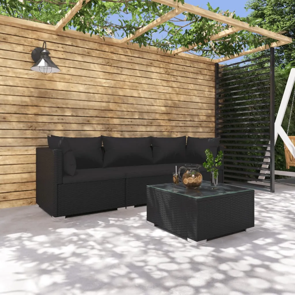 vidaXL Set Divani da Giardino 4 pz con Cuscini in Polyrattan Nero