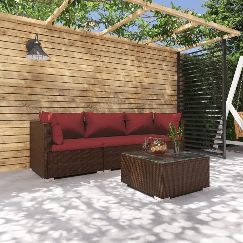 vidaXL Set Divani da Giardino 4 pz con Cuscini in Polyrattan Marrone