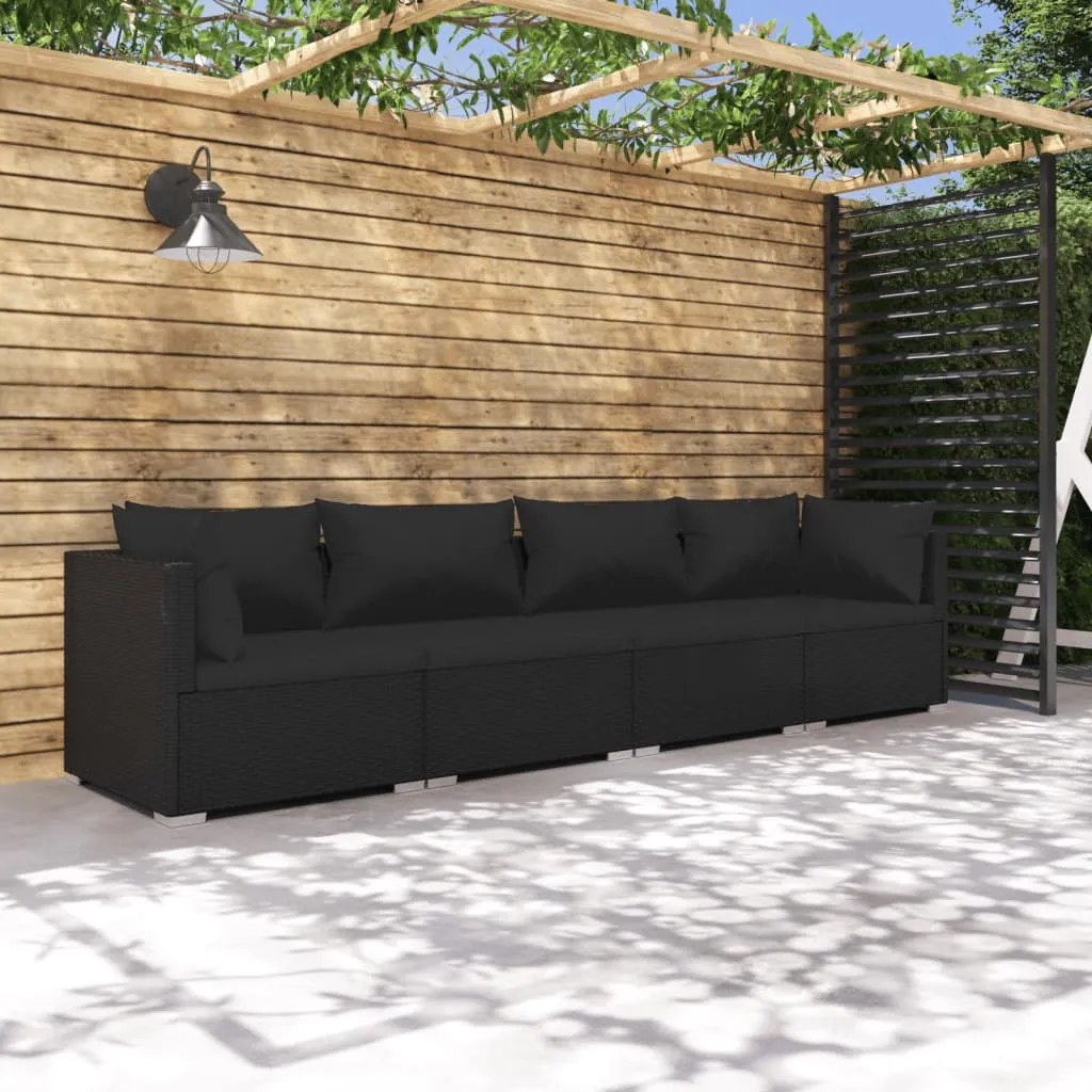 vidaXL Set Divani da Giardino 4 pz con Cuscini in Polyrattan Nero