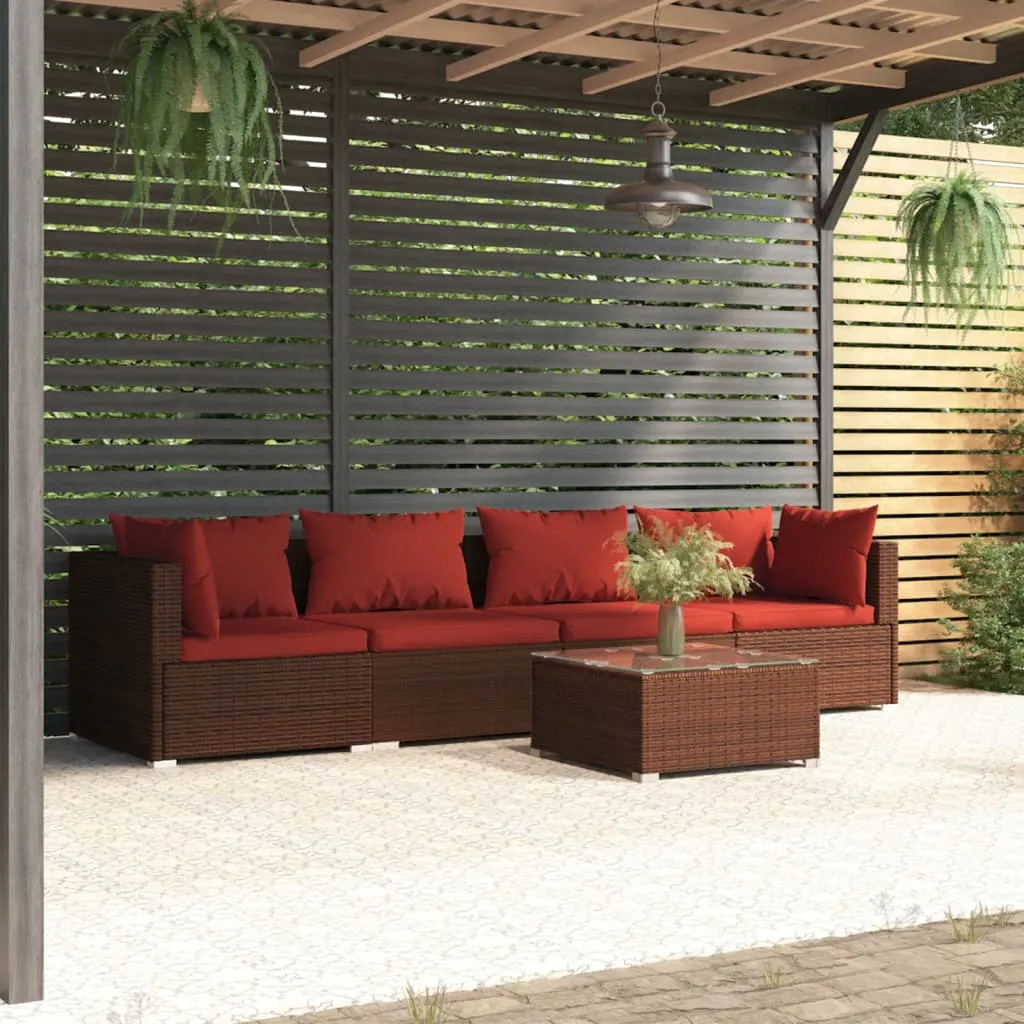 vidaXL Set Divani da Giardino 5 pz con Cuscini in Polyrattan Marrone