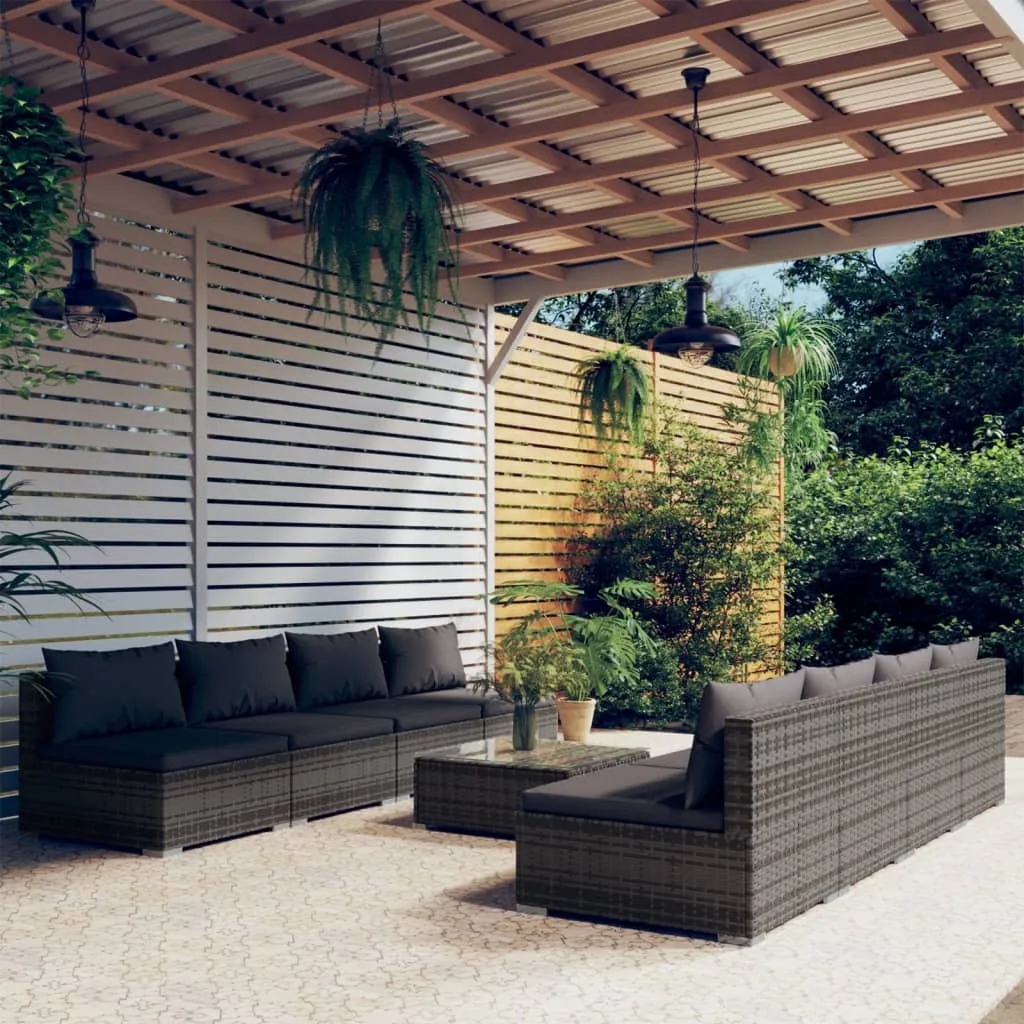 vidaXL Set Divani da Giardino 9 pz con Cuscini in Polyrattan Grigio